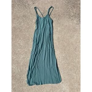 Aerie Dress Women Size XXS Dark Sage Linen Strappy Lined Side Slit Midi Casual
